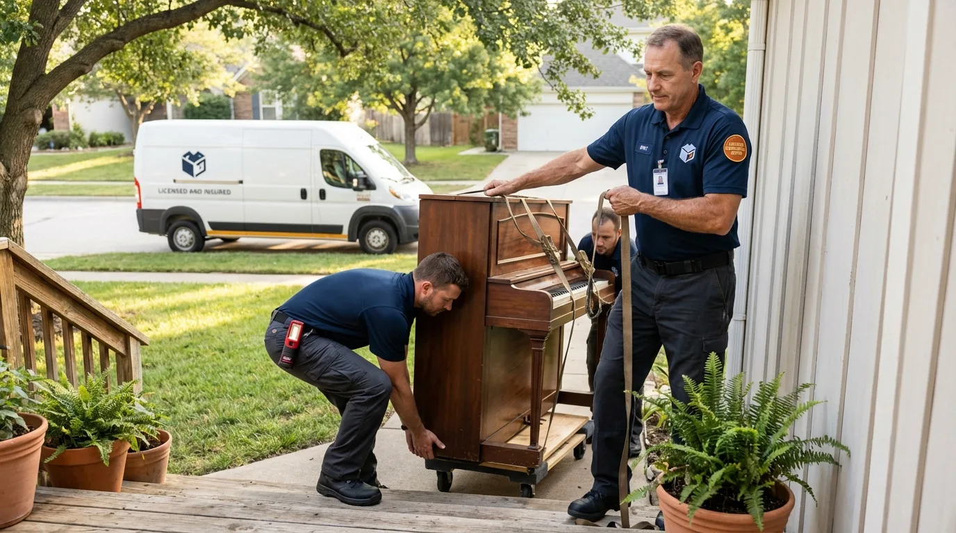 Licensed piano movers securing grand piano in Canton, NC