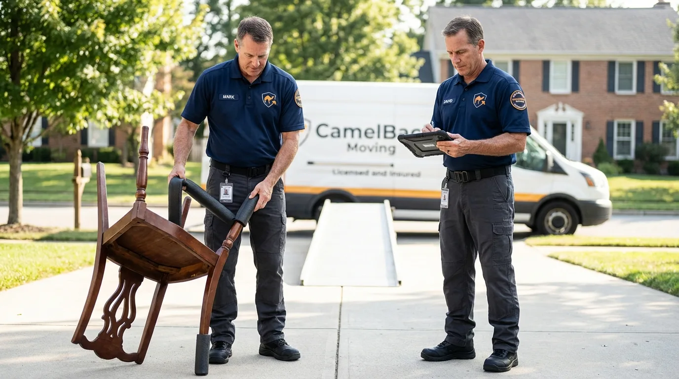 Movers inspecting furniture for damage prevention before loading in Canton, NC